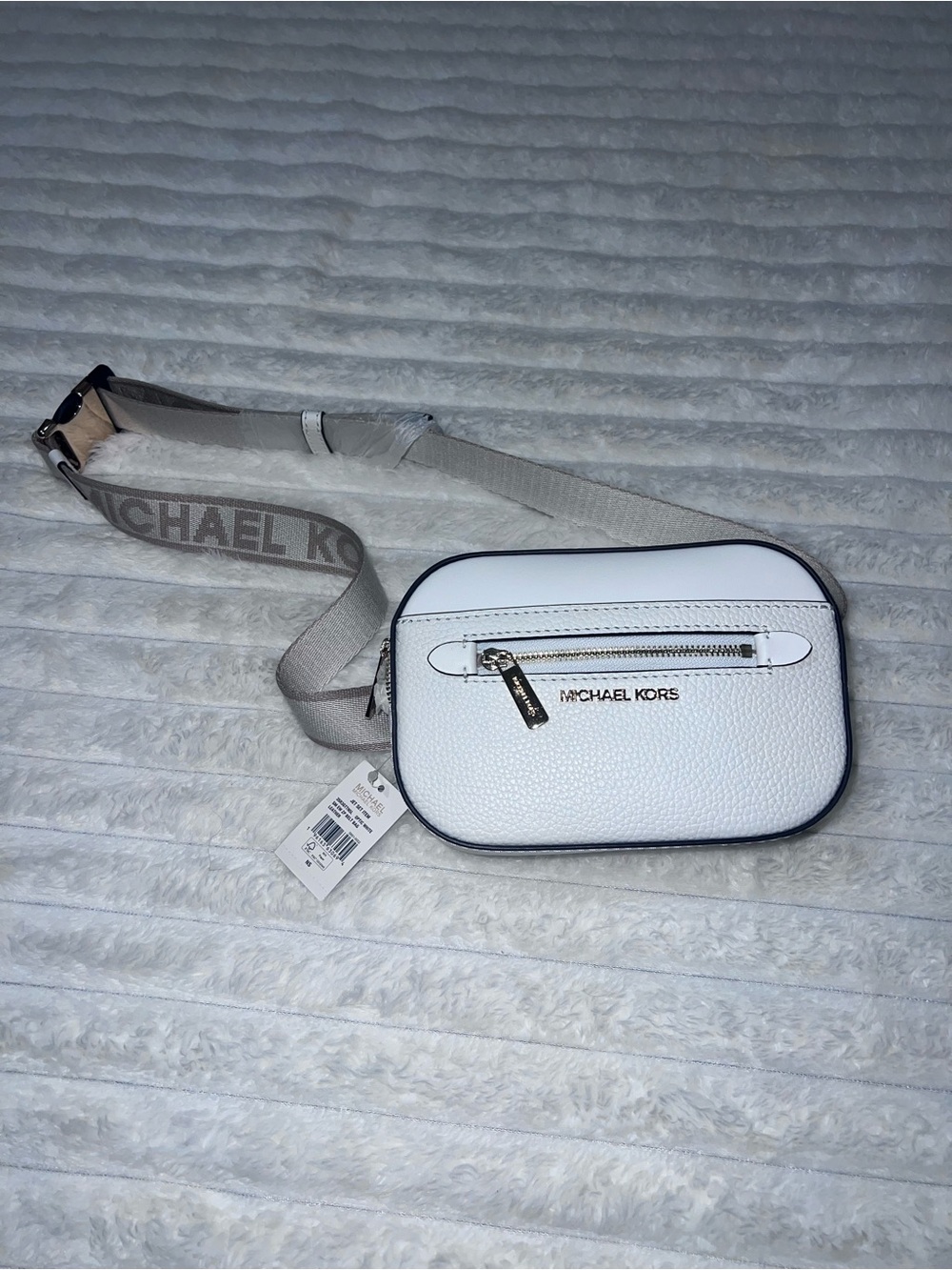 Michael Kors White Pebbled Leather Belt Bag with Logo Strap